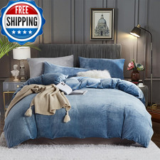 Yasmeng Fluffy Velvet Duvet Cover Set Blue Queen Size Fall Winter Soft Warm