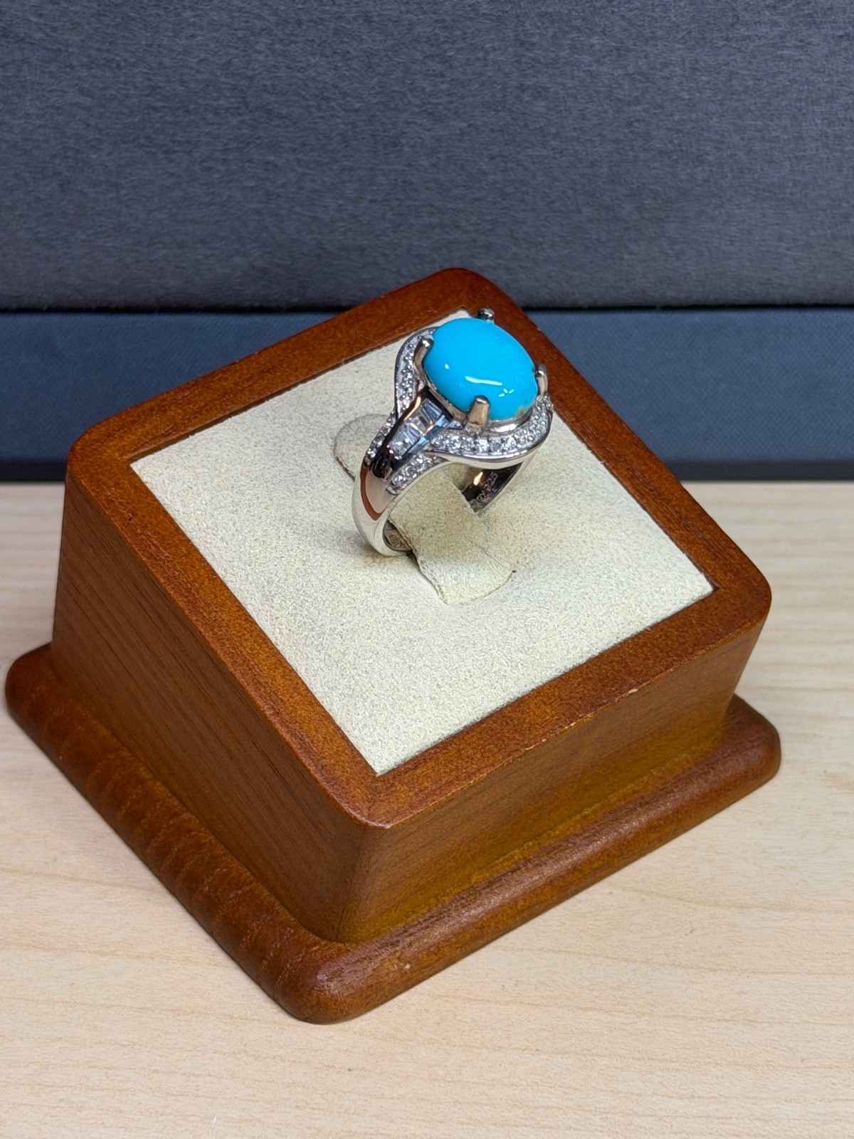 D Joy Sterling Silver Cabochon Sleeping Beauty Turquoise & Zircon Ring Size 7
