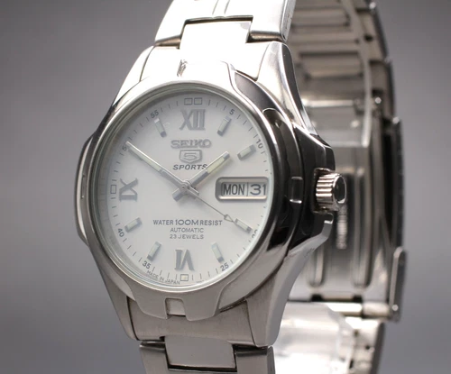 Vintage [N MINT] Seiko 5 Sports 7S36-01C0 White Day Date  Men's Watch From JAPAN