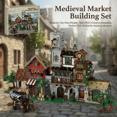 3021PCS Medieval Market Street Modular Building Blocks Architecture Town Set