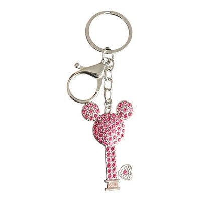 Women's Pink Crystal Key Chain Mickey Mouse Key Charm Silver Tone 4in
