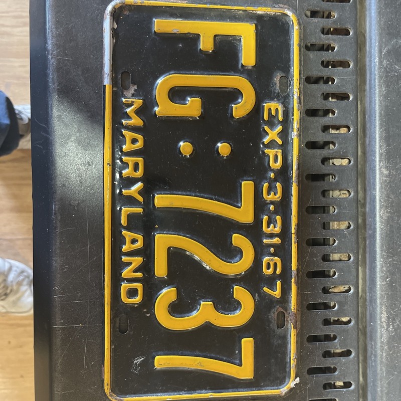 1967 MARYLAND LICENSE PLATE # FG 7237 Black Yellow Farm Fresh