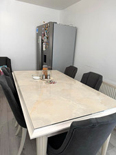 Rectangular Dining Table & 6 Grey Fabric Chairs Set White Marbled Top