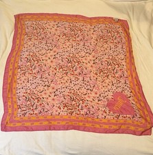 Juicy Couture Signed Pink Floral Square Scarf Gold Chain Border Heart Logo