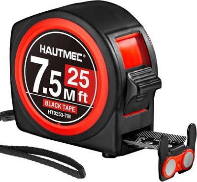 HAUTMEC Maßband 7,6 m (25 Fuß) mit Magnethaken und Doppelverriegelung, Messband 
