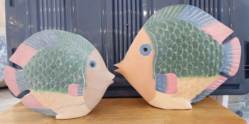 " Ready For Fishing " 2  Beautiful Pastel Wooden Fish 8.5" & 7" Hand  Carved