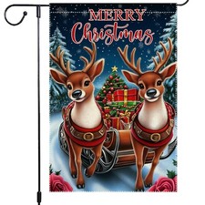 Best Christmas Garden Flag 12x18 Inch Double Sided Burlap with Reindeer and Tree