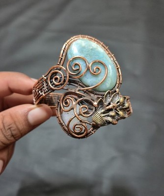 Larimar Copper Cuff Bracelet Handmade Copper Wire Wrapped Adjustable Bracelet