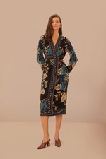 FARM Rio Black Blossom Tapestry Wrap Dress Size L Floral Midi Long Sleeve NWOT