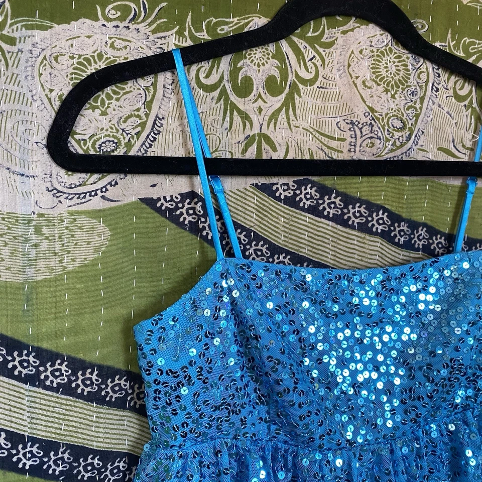 Винтажный 90-х Betsey Johnson вечернее бирюзовый шелк блестками мини-платье размер 2 - Изображение 3 из 4