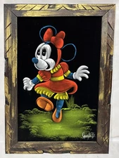 Vintage Black Light Minnie Mouse Painting on Velvet Mexican Folk Art Signed