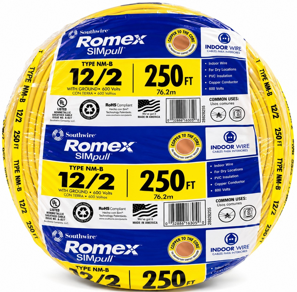 Southwire 28828255 250 ft. 12/2 Solid Romex SIMpull CU NM-B W/G Conductor Cable