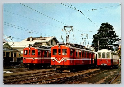 Vintage Swiss Photochrome Postcard Aigle Train Station Orange Trains