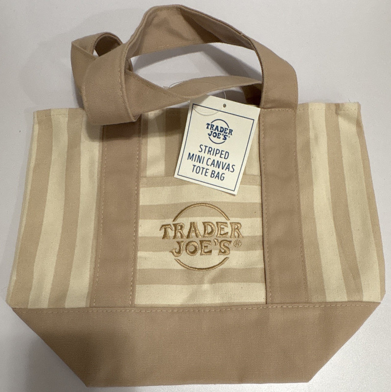 Trader Joe's Striped Mini Canvas Tote Bag Beige/Tan Reusable 13x10x6 1 Gal