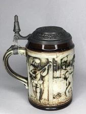 Rare Vtg Original Gerzit (Gerz) Lidded Raised Relief Ceramic Beer Stein, Germany