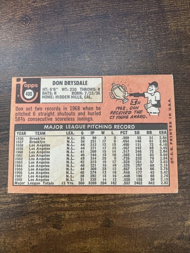 Carta Baseball 1969 Topps Don Drysdale #400 - Foto 2 di 4