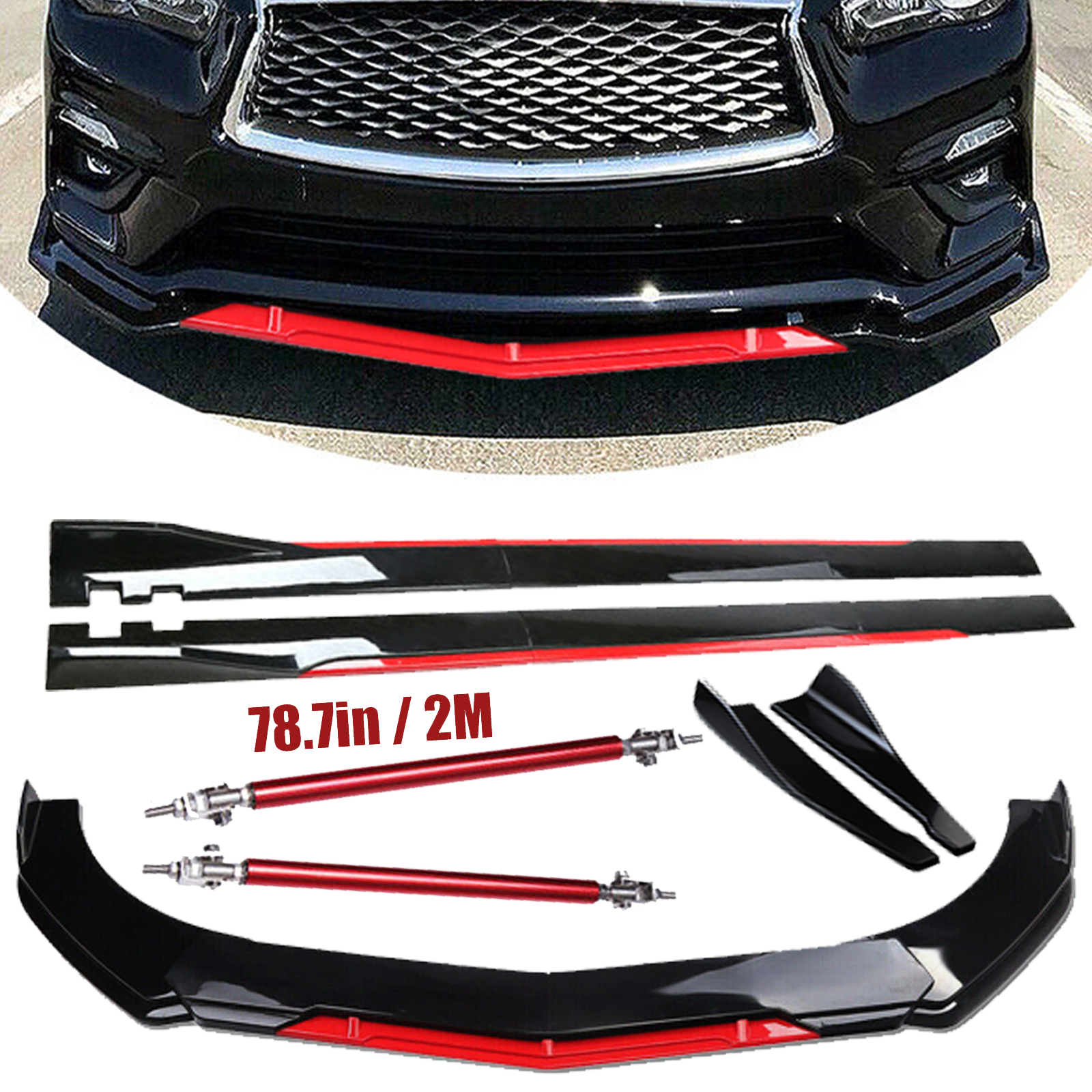 Front Bumper Lip Splitter Spoiler Side Skirts Glossy Black For Infiniti Q50 Base