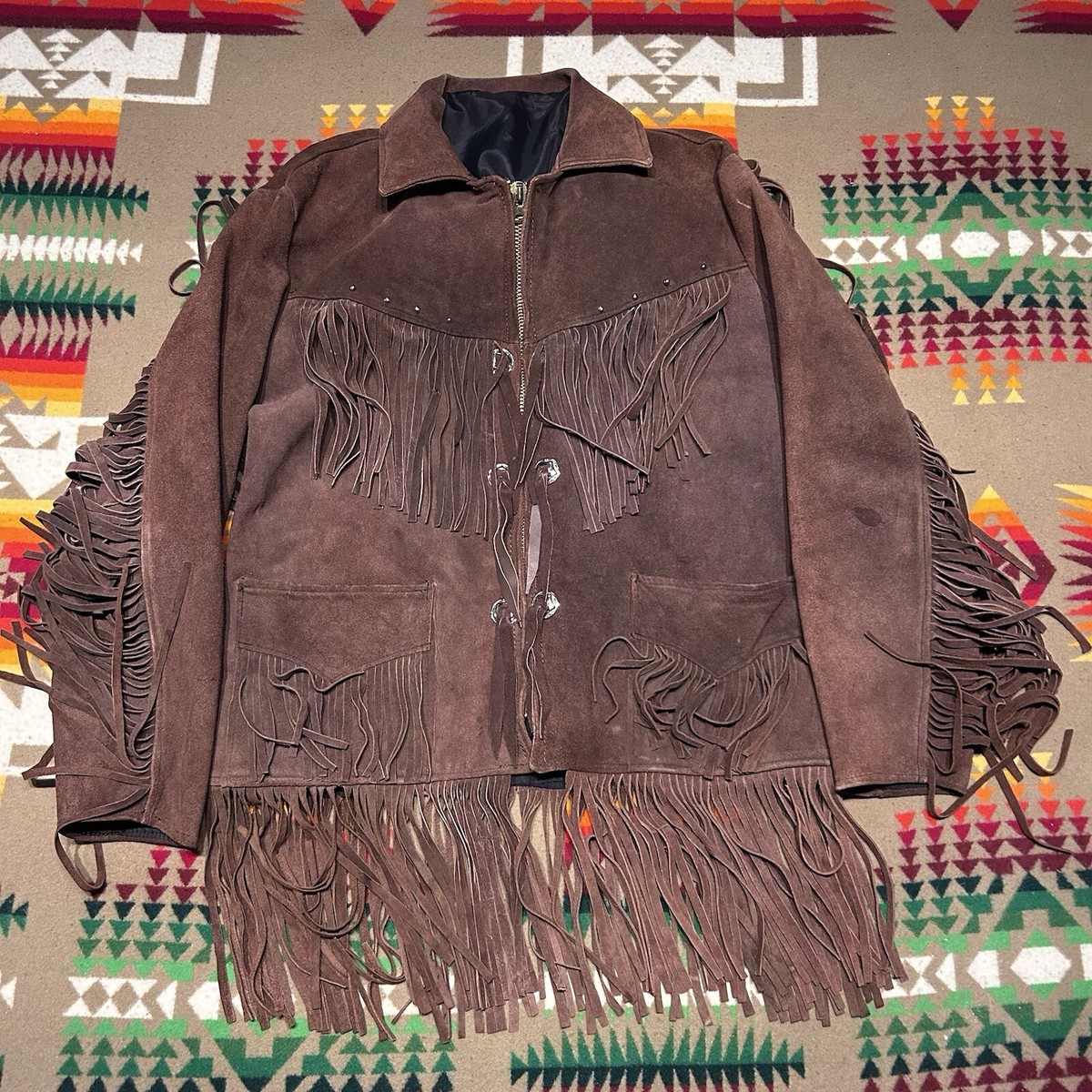 Vintage 70s Hand Painted Studded Leather Fringe Full Zip