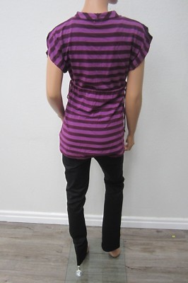 Haut Femme ELLA MOSS Col V Manches Courtes Rayures Violettes - Taille Medium - Occasion Très Bon état