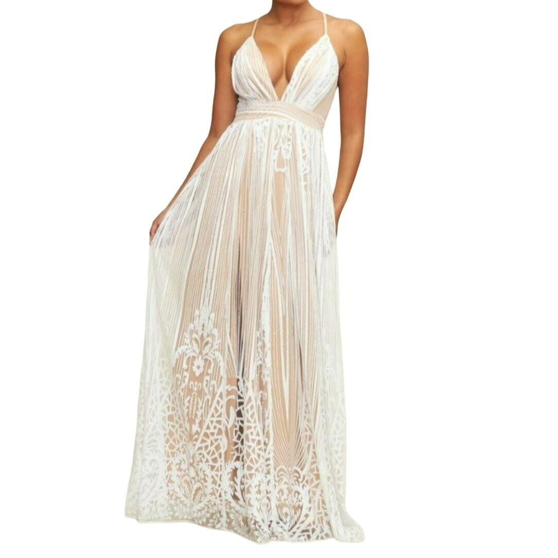Luxxel Max it Out Sequin V-neck Maxi Gown White Size Small NWT | eBay