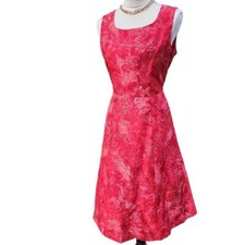 Kate Hill. Red, white & pink floral print 100% Silk knee length dress. Size 6