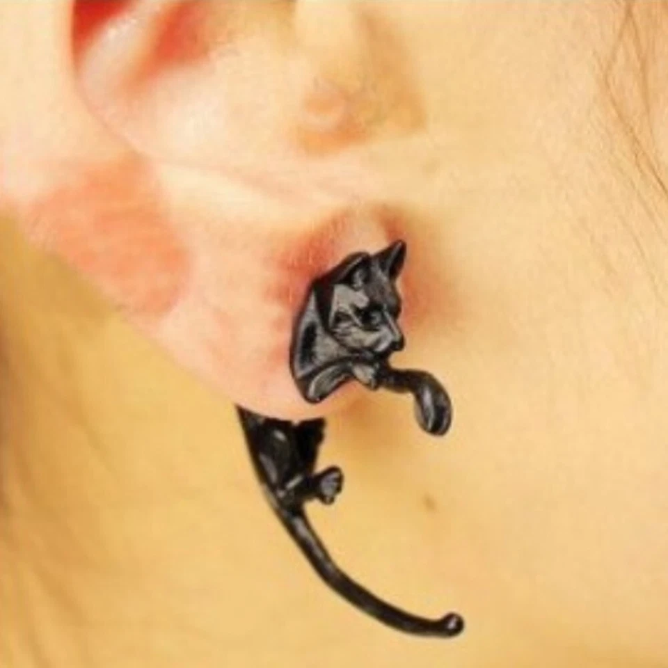 3D Ohrstecker Katze Ohrringe Cat Ohrschmuck Earring Schwarz - Bild 4 von 4