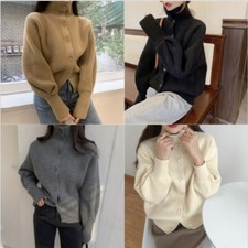 Women Sweater Knitted Coat Jacket Cardigan Jumper Puff Sleeve Casual Loose