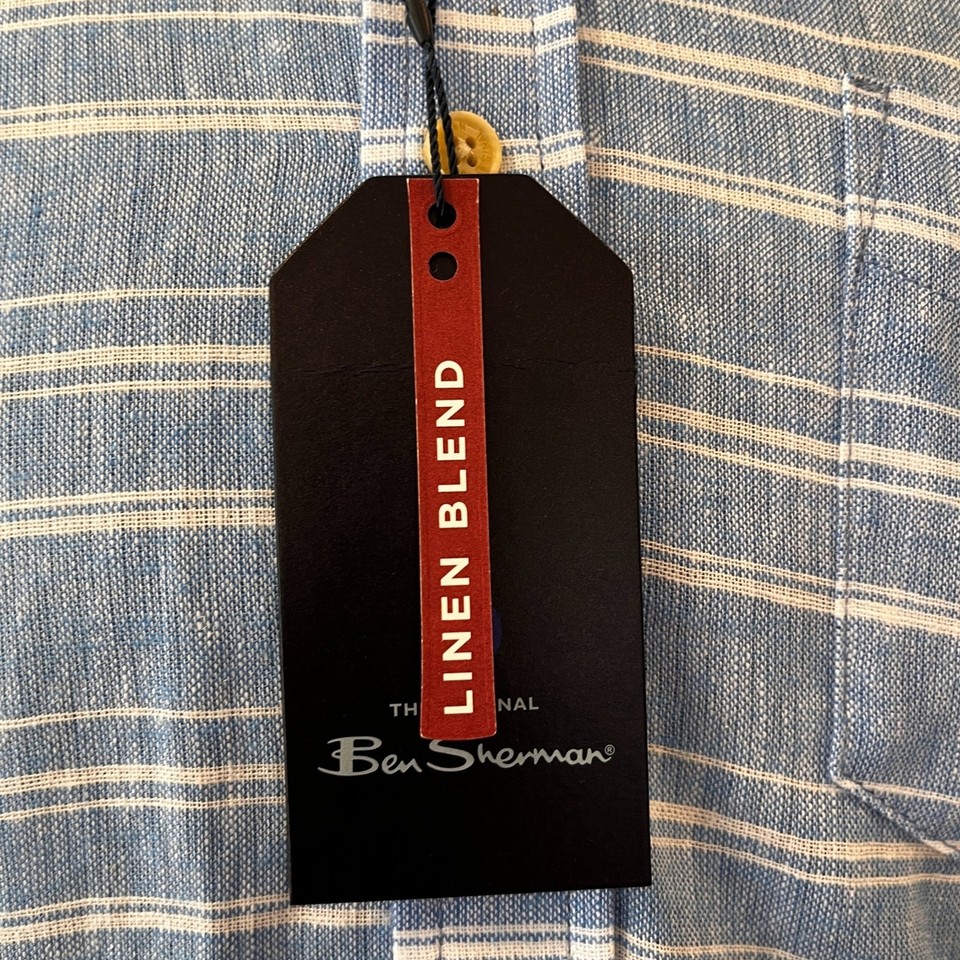 Ben Sherman Blue White Striped Shirt Linen Blend Short Sleeves 89 NEW