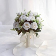White Silk Rose Bridal Bouquet Handmade Artificial Wedding Flowers Bride Decor