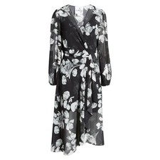 Sam Edelman Long Sleeve Faux Wrap Midi Dress 0 *B/W Floral* NWT! MSRP $158