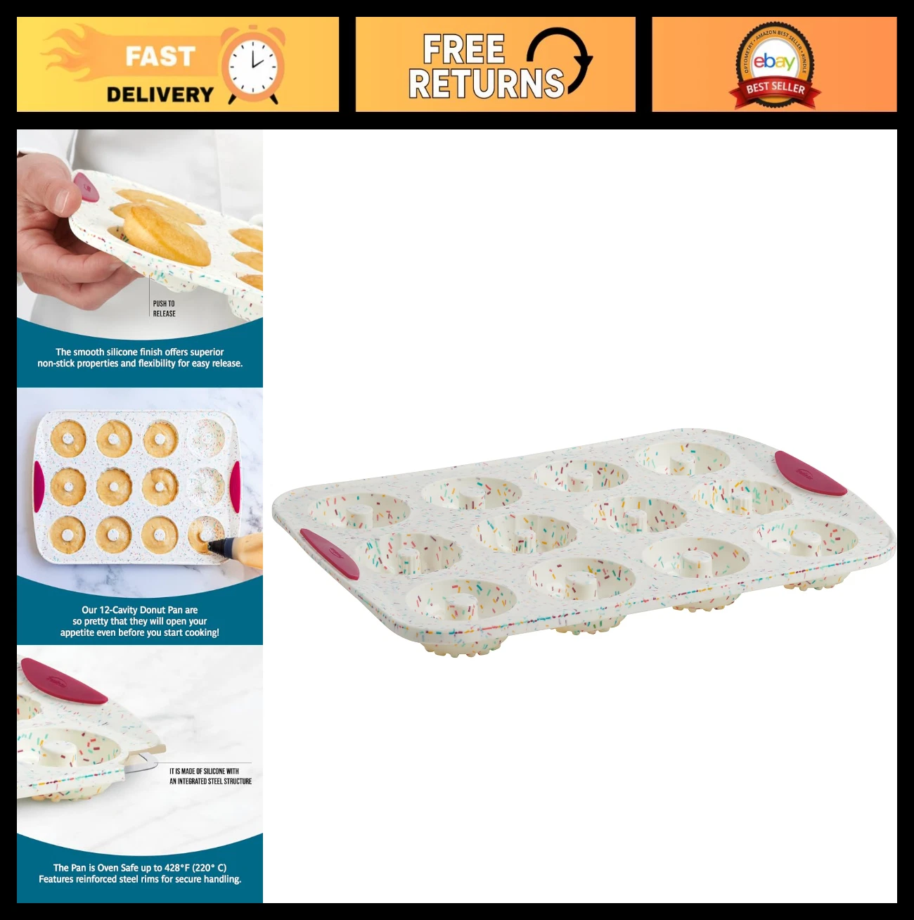 12-Cavity Nonstick Donut Baking Pan Mold - Easy Release, Dishwasher Safe, Fun Co