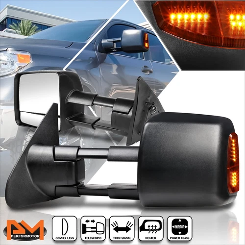 For 07-16 Tundra Extendable Power+Heat Black Towing Mirror+LED Signal Lamp Pair
