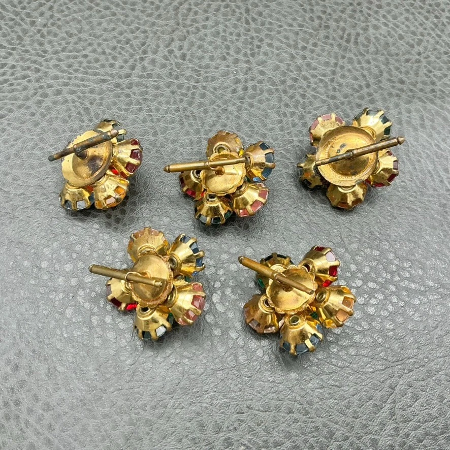Vintage Fancy 5 Button Studs Glass Colored Faceted Stones 1" Round Prong Set - Image 2 of 4