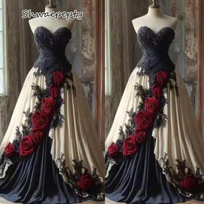 Gothic Black And Ivory Wedding Dress with Red Roses Flowers Appliques Lace-up