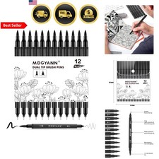 Drawing Pens Black Fine Tip Dual Brush Markers for Art Sketching 12 Pack