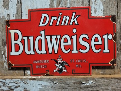VINTAGE BUDWEISER PORCELAIN SIGN OLD BEER BOTTLE BEVERAGE ALCOHOL BAR BUD LITE
