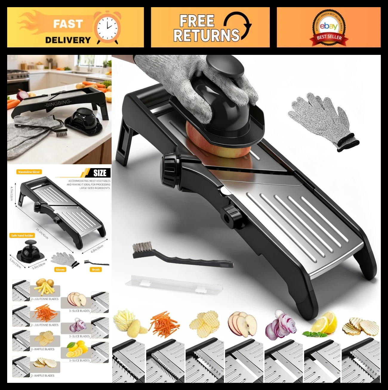 Adjustable Stainless Steel Mandoline Slicer - 7-in-1 Vegetable & Potato Cutter,