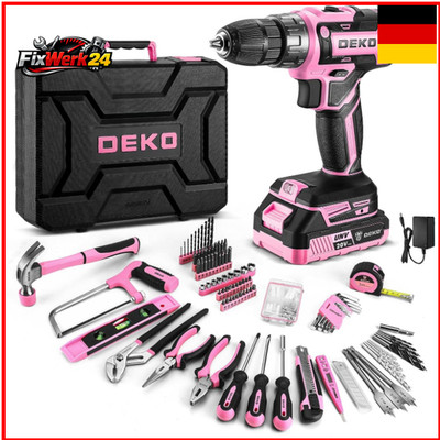DEKO Werkzeugkoffer 20 V Akkuschrauber Rosa LED 186 Stück