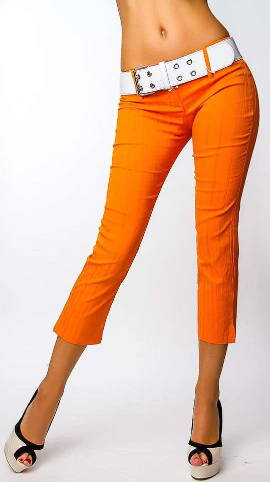  SeXy Miss Damen 7/8 Capri Sommer Hüft Hose LoW CuT NadelStreifen orange Gürtel  - Bild 2 von 4