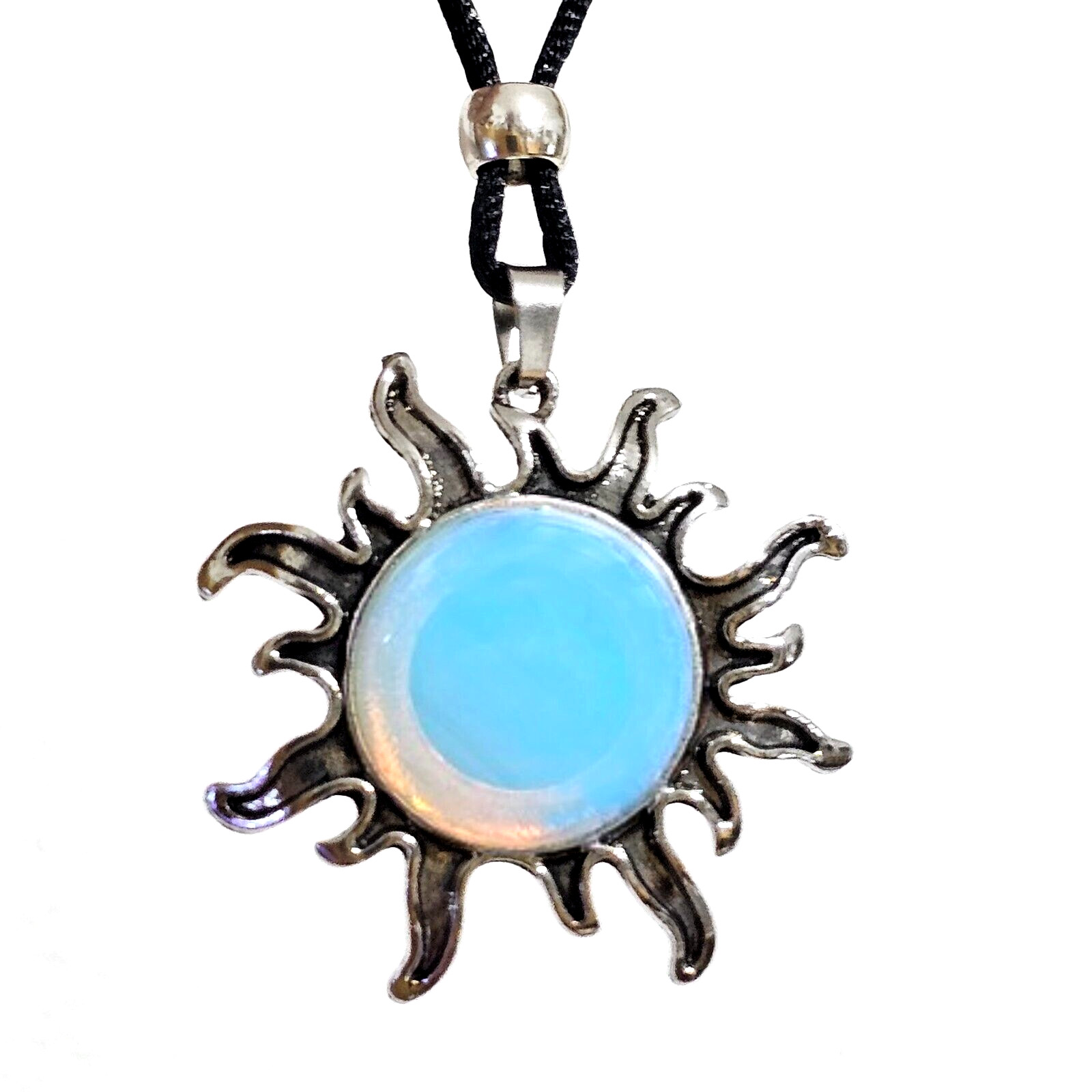 Opalite Sun Pendant Gemstone Sea Opal Crystal Healing Chakra Tie Cord Necklace