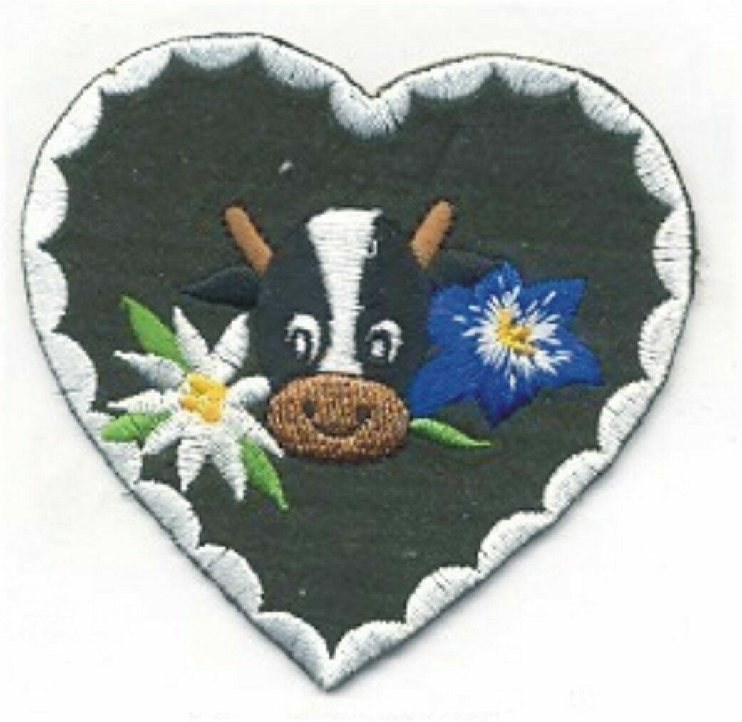 Holstein Cow Edelweiss Heart Patch Embroidered Iron on Sew on