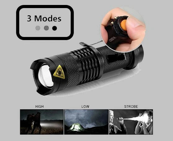 100 PCS BLACK Cree Q5 LED Super Bright Flashlight with Zoom lens