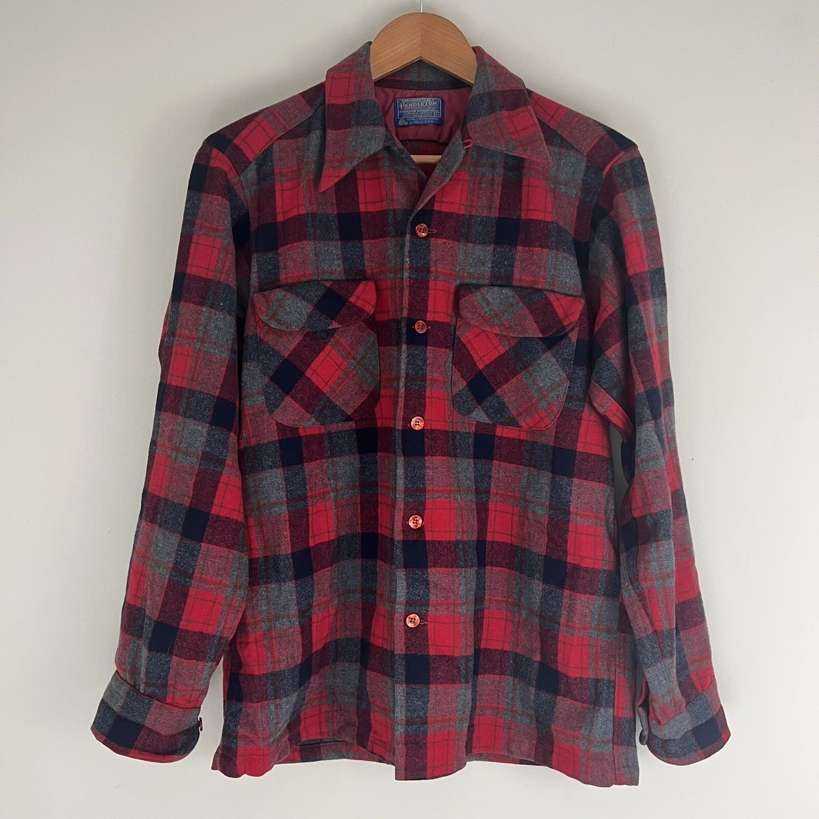 Pendleton Shirt Medium Red Plaid Long Sleeve Button Up Wool