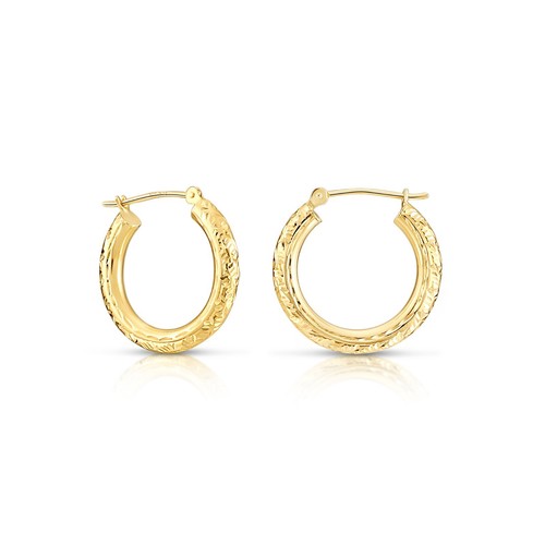 14K Solid Yellow Gold Hand Engraved Diamond-Cut Chunky Hoop Earrings 16MM-50MM - Picture 11 of 23