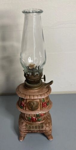 VTG POT BELLY STOVE KEROSENE LAMP 9" TALL CERAMIC WITH RED ROSES - Picture 1 of 8