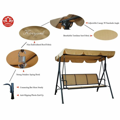 Beige Sling 3 Person Canopy Swing Home Outdoor Furniture Garden Deck - Picture 5 of 6