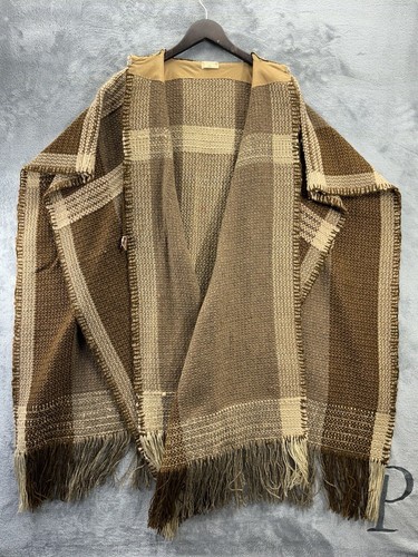 Hand Woven By Olga Shawl Cape Cover Jacket Coat Blanket Poncho Brown Striped - Picture 10 of 18