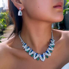High-Class Silver Plated Cubic Zircon Women Earrings Necklace Bridal Jewelry Set