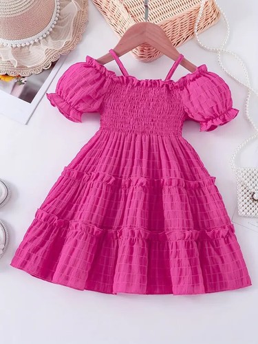 Toddler Girls Puff Sleeve Cold Shoulder Spring Summer Dress Rose Red/ Coffee 1-6 - Picture 2 of 17