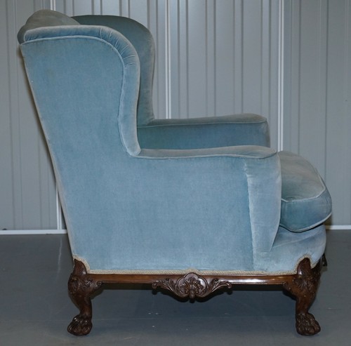 HEAVILY CARVED LION HAIRY PAW FEET VICTORIAN ARMCHAIR SKY BLUE VELVET GEORGE II - Picture 8 of 12